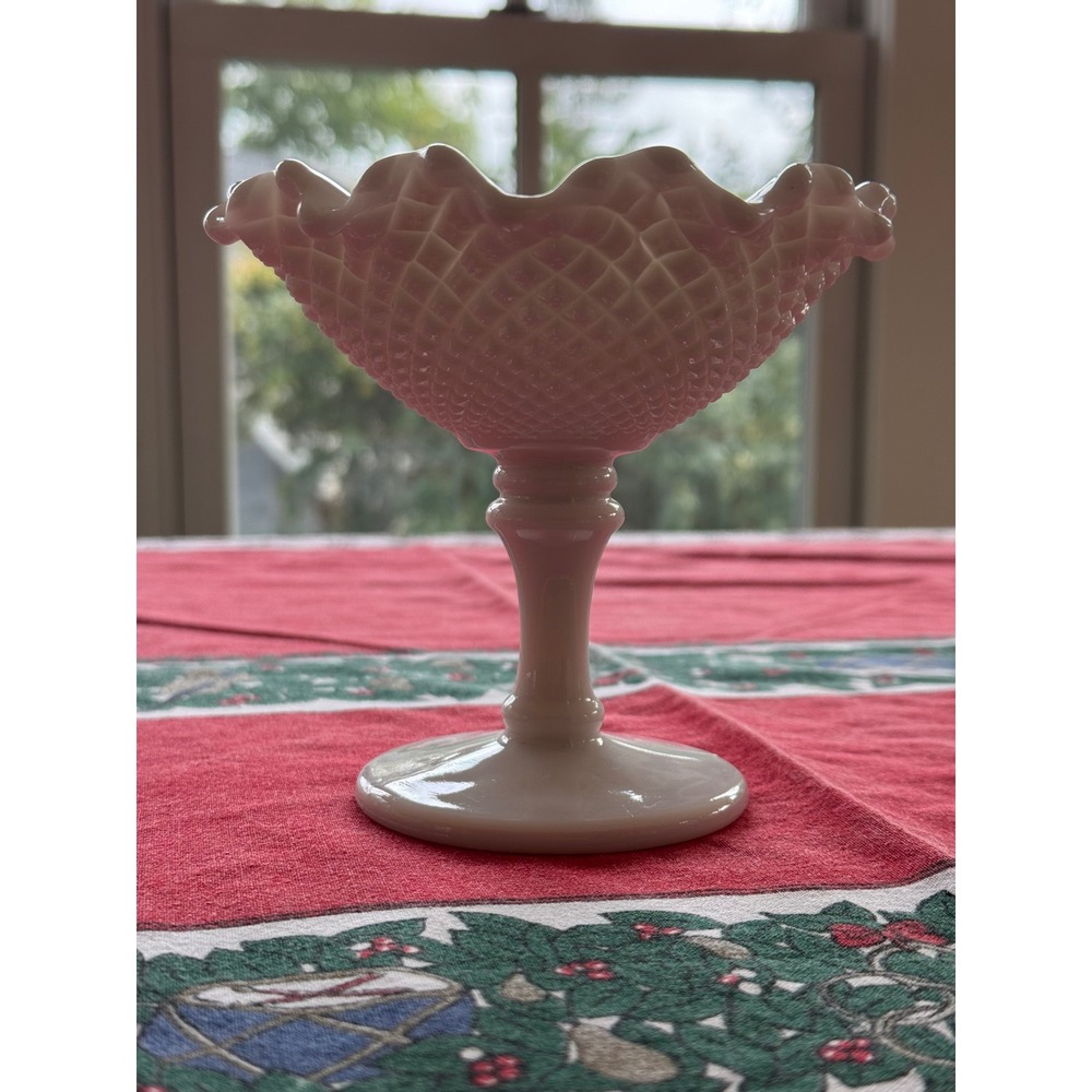 Westmoreland Milk Glass Compote Diamond Quilt Ruffled Pedestal Candy Dish WG